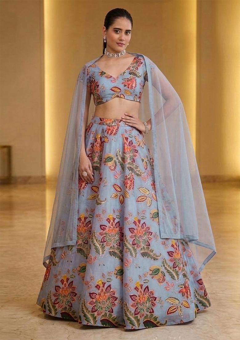 Powder Blue Printed Organza Lehenga Set - Indya