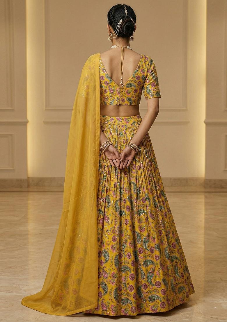 Mustard Printed Organza Lehenga Set - Indya