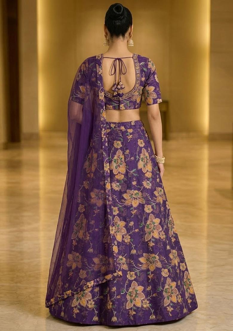 Violet Printed Crepe Lehenga Set - Indya