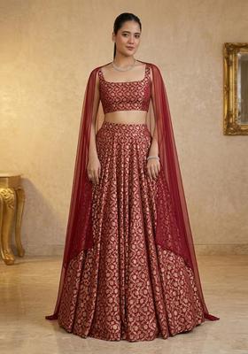 Crimson Red Printed Crepe Lehenga Set