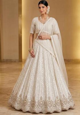 Ivory Cream Embroidered Net Lehenga Set