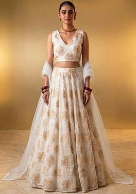Off White Embroidered Chinon Lehenga Set