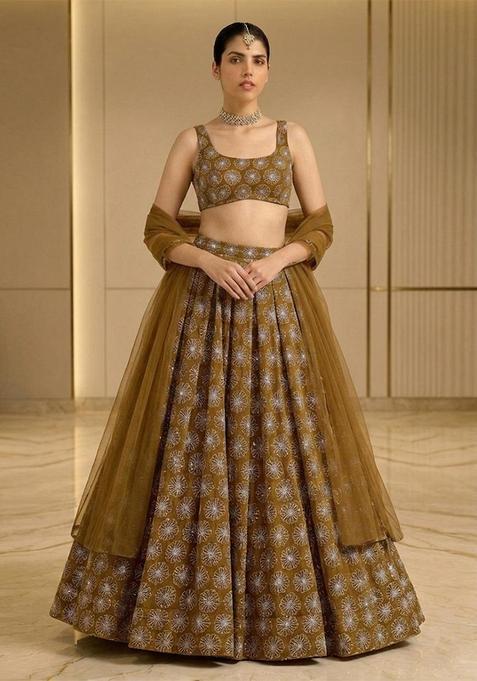 Olive Brown Sequin Silk Blend Lehenga Set