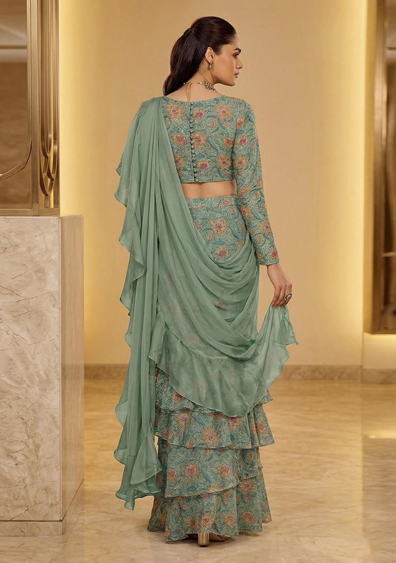 Sage Green Embroidered Organza Pre Draped Saree Set - Indya