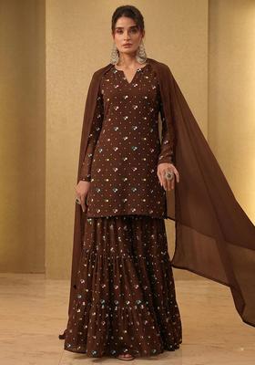 Chocolate Brown Embroidered Chanderi Sharara Set