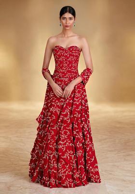 Ruby Red Embroidered Crepe Lehenga Set
