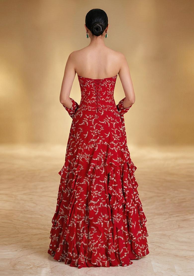 Ruby Red Embroidered Crepe Lehenga Set - Indya