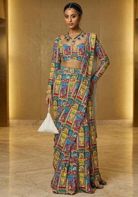 MultiColor Printed Crepe Pre Draped Saree Set