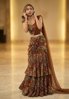 Brown Embroidered Tissue Sharara Set