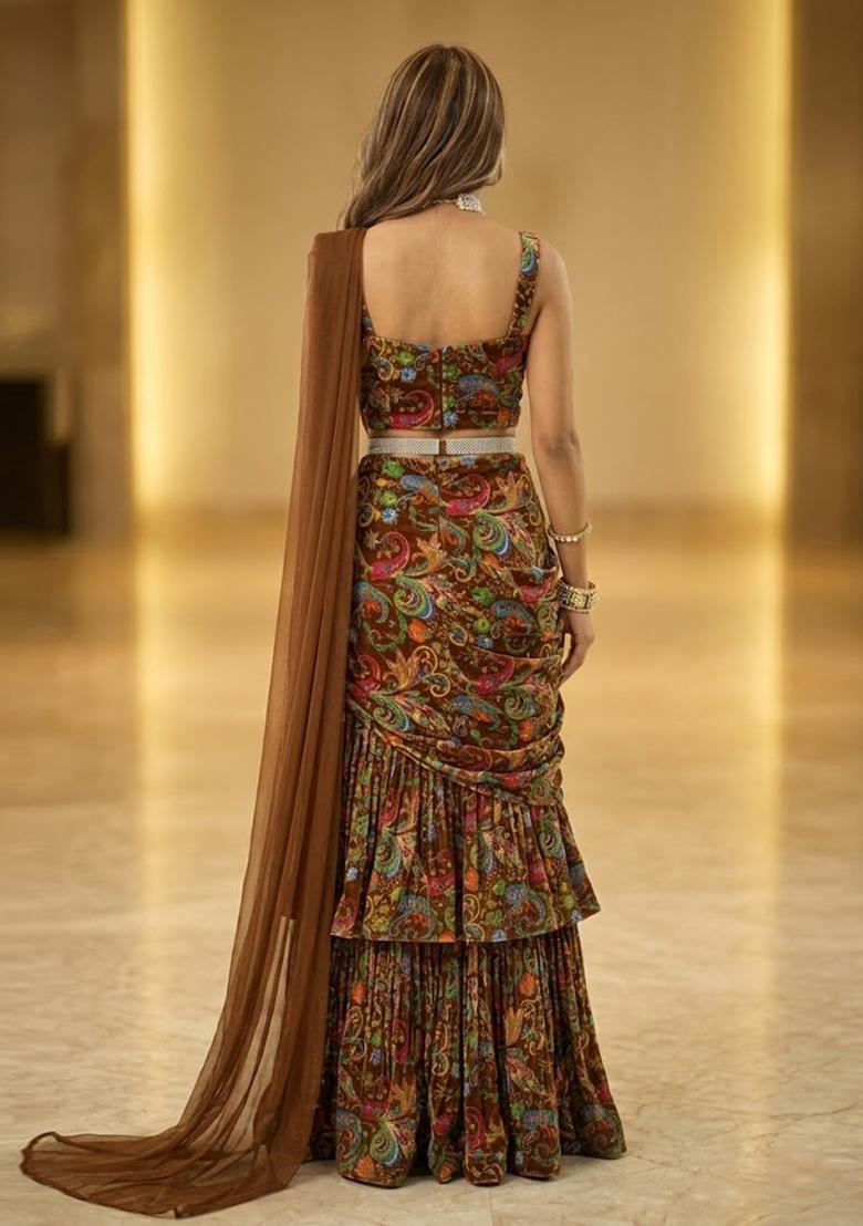 Brown Embroidered Tissue Sharara Set - Indya