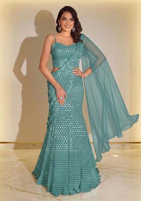 Teal Green Mirror Georgette Pre Draped Saree Set