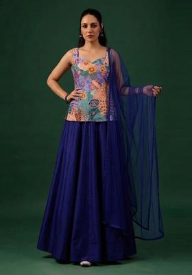 Royal Blue Printed Crepe Lehenga Set