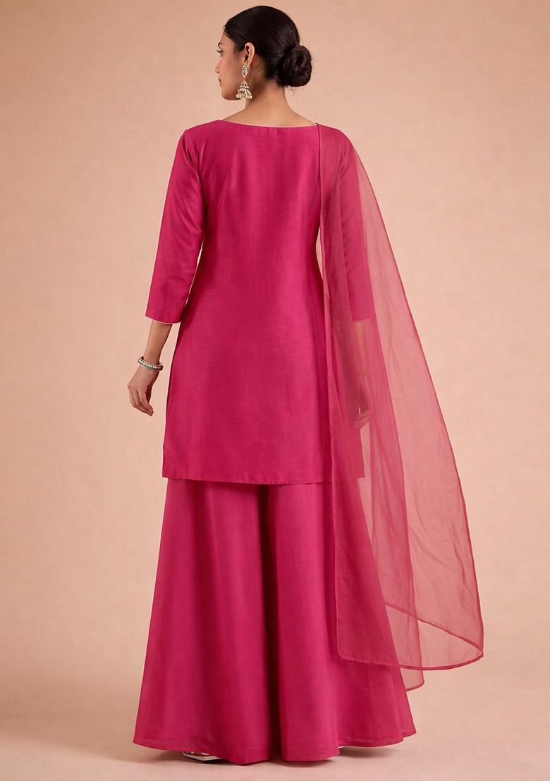 Rani Pink Embroidered Cosmos Sharara Set - Indya