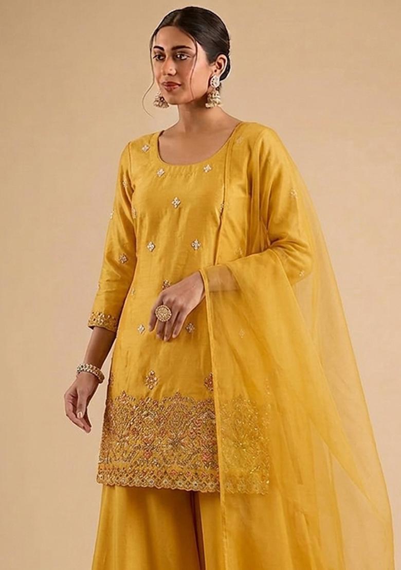 Mustard Yellow Embroidered Cosmos Sharara Set - Indya