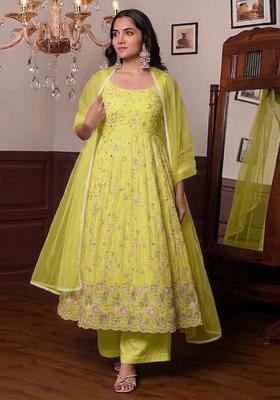 Lime Yellow Embroidered Cosmos Anarkali Set