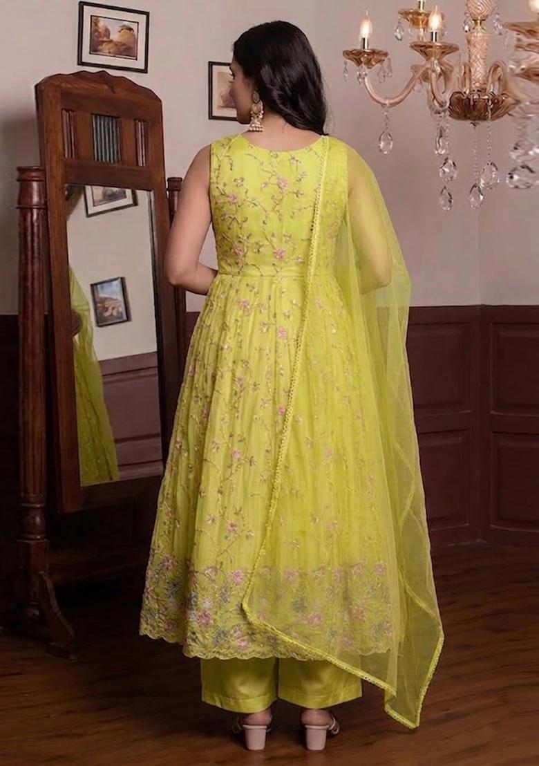 Lime Yellow Embroidered Cosmos Anarkali Set - Indya
