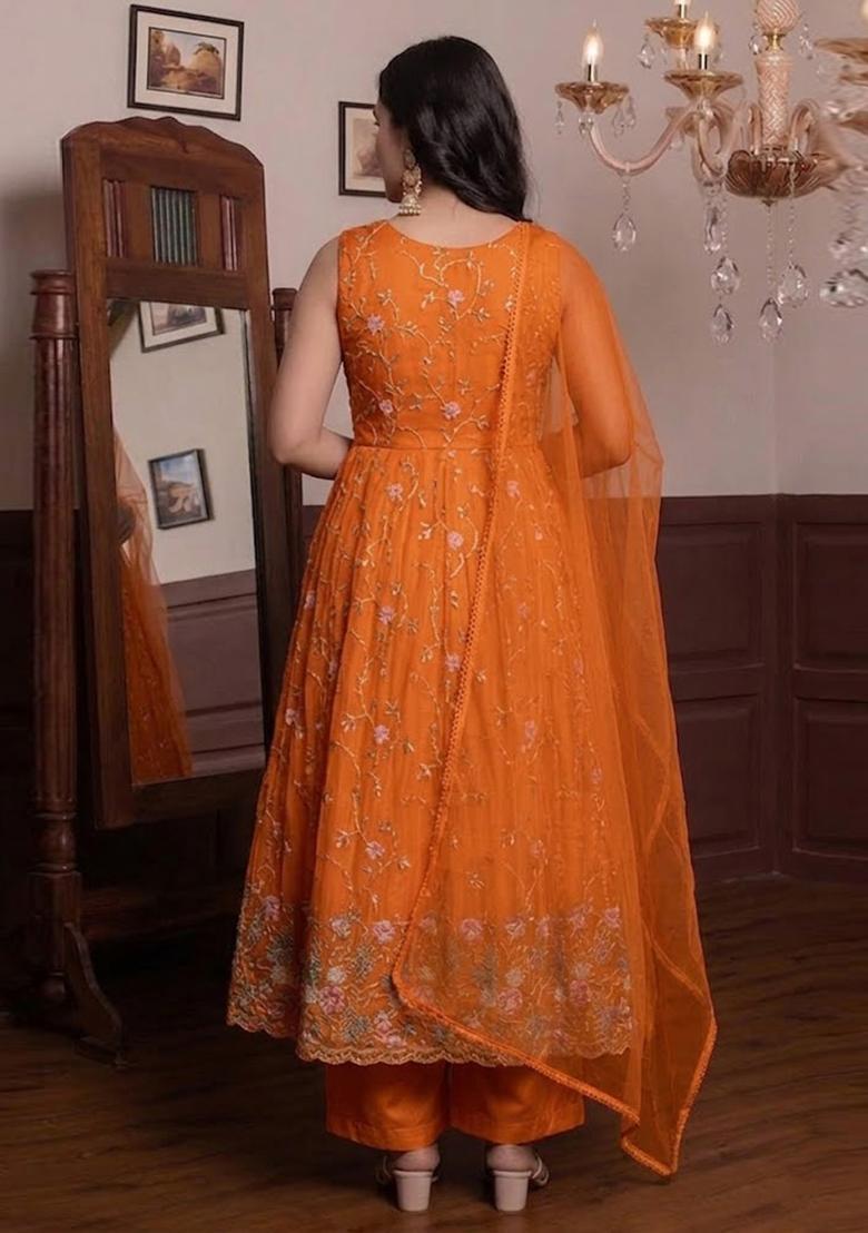 Rust Orange Embroidered Cosmos Anarkali Set - Indya