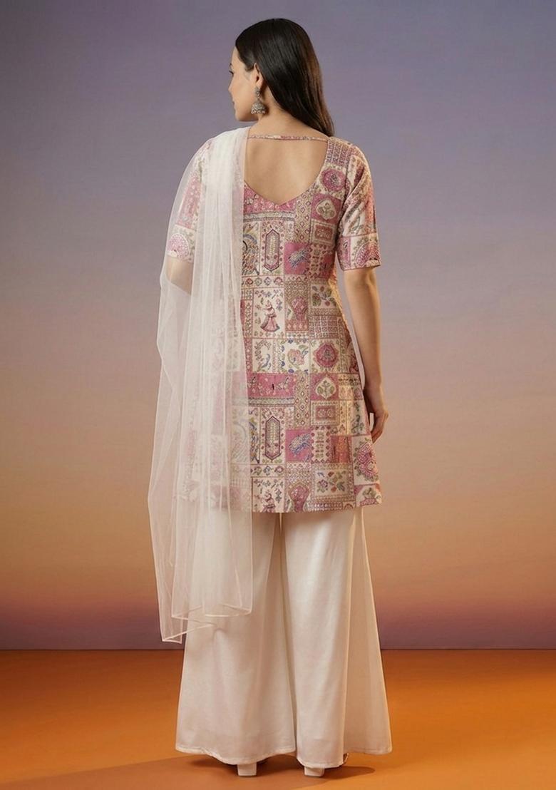 Off White Printed Crepe Sharara Set - Indya