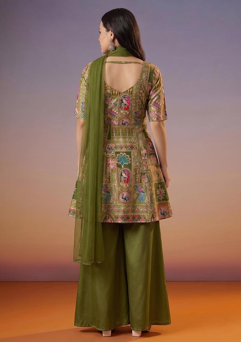 Mehendi Green Printed Crepe Sharara Set - Indya