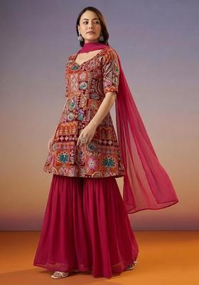 Red Printed Crepe Sharara Set