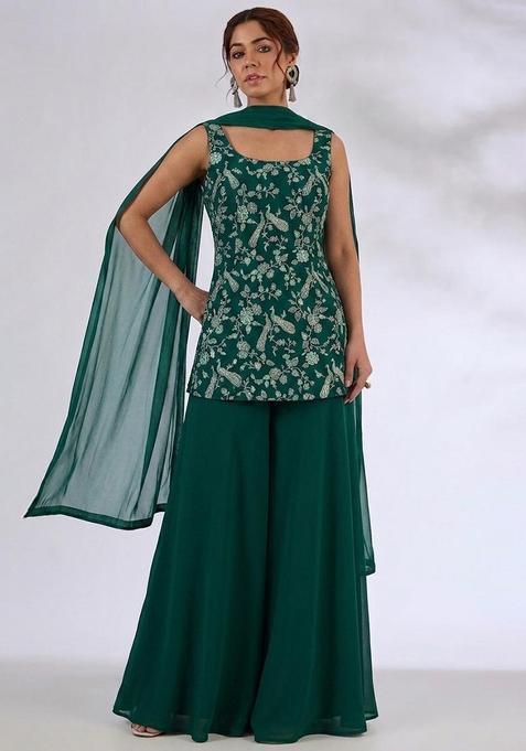 Bottle Green Printed Crepe Sharara Set