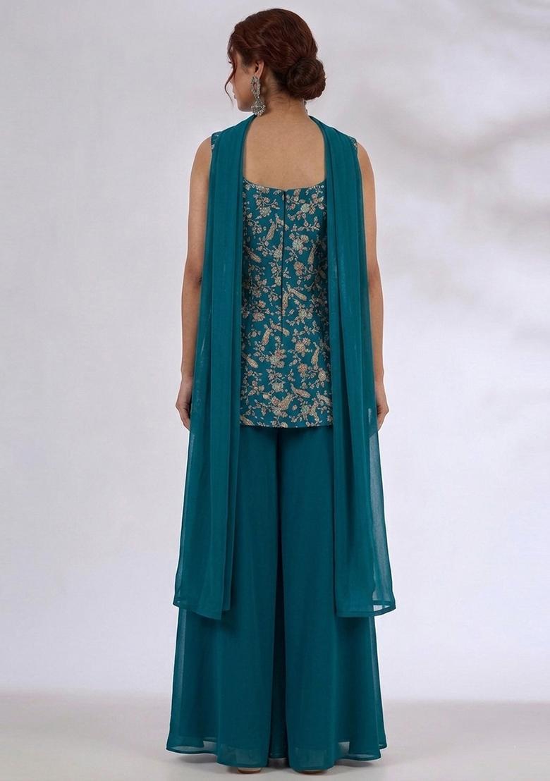 Teal Green Printed Crepe Sharara Set - Indya