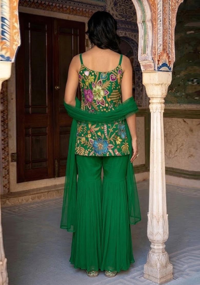 Emerald Green Printed Crepe Kurta Set - Indya