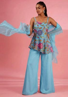 Sky Blue Printed Poly Blend Sharara Set