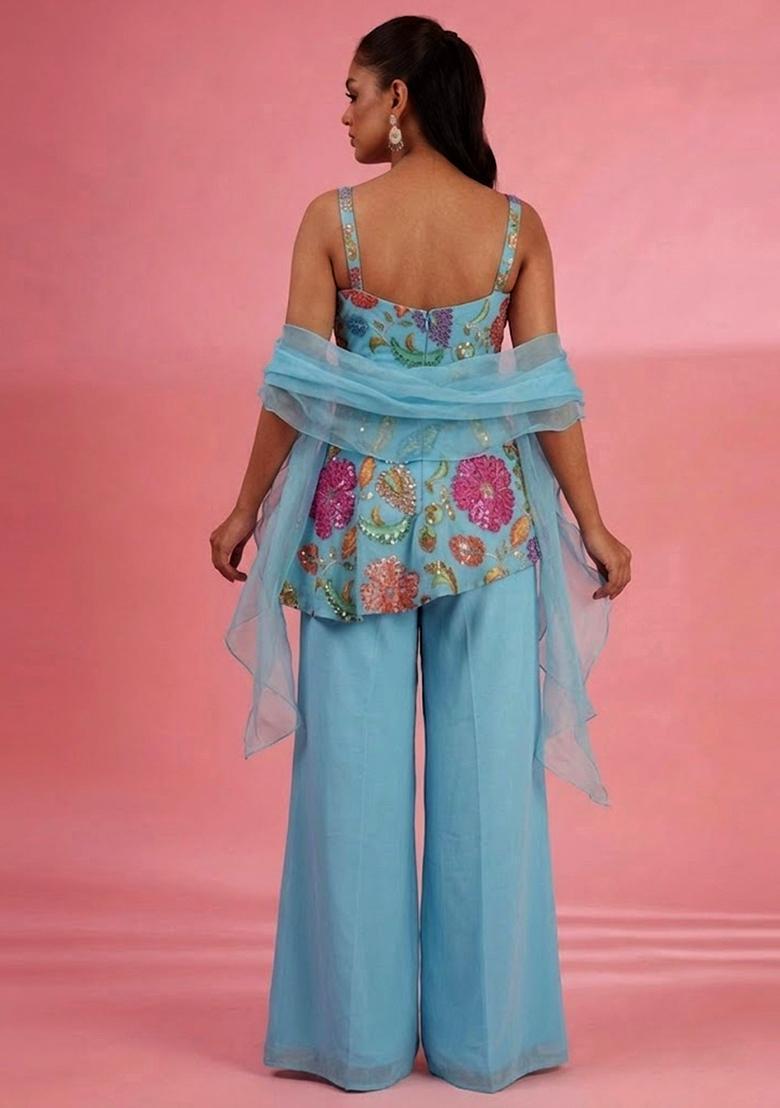 Sky Blue Printed Poly Blend Sharara Set - Indya