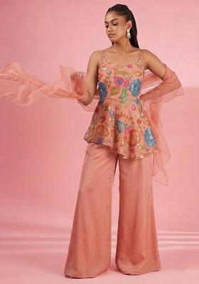 Peach Printed Poly Blend Sharara Set
