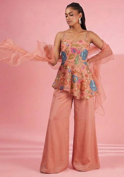 Peach Printed Poly Blend Sharara Set