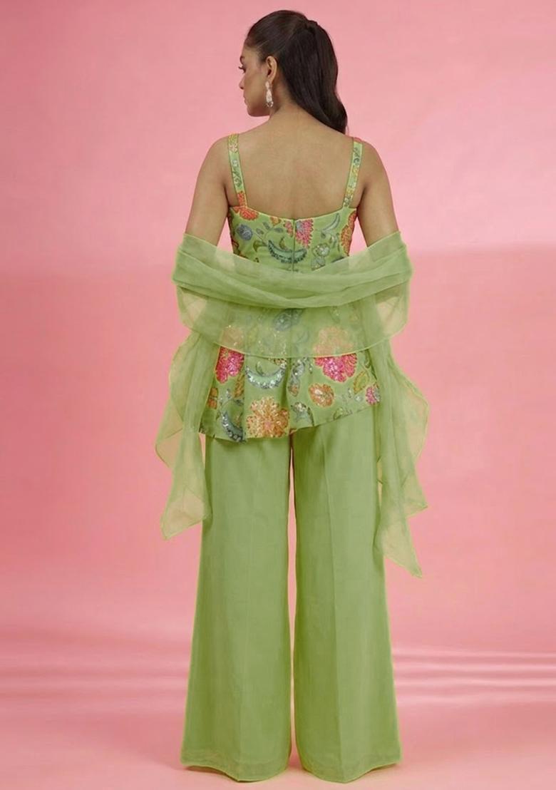 Pastel Green Printed Poly Blend Sharara Set - Indya