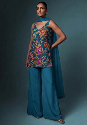 Teal Blue Printed Crepe Sharara Set