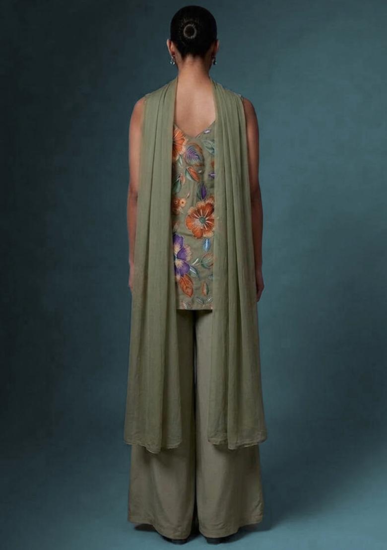 Sage Green Printed Crepe Sharara Set - Indya