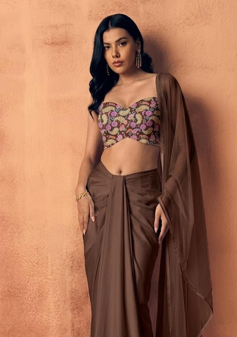 Chocolate Brown Printed Crepe Fusion Set - Indya