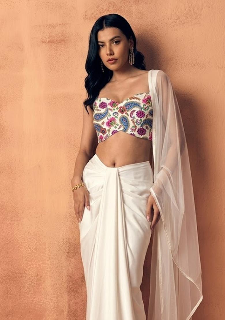 Off White Printed Crepe Fusion Set - Indya