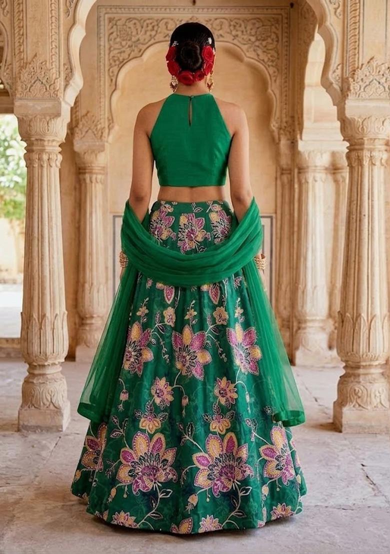 Emerald Green Printed Organza Lehenga Set - Indya