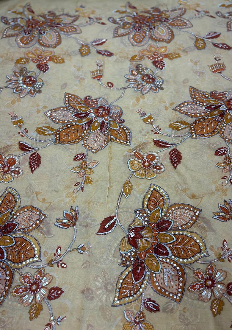 Golden Beige Printed Organza Lehenga Set - Indya