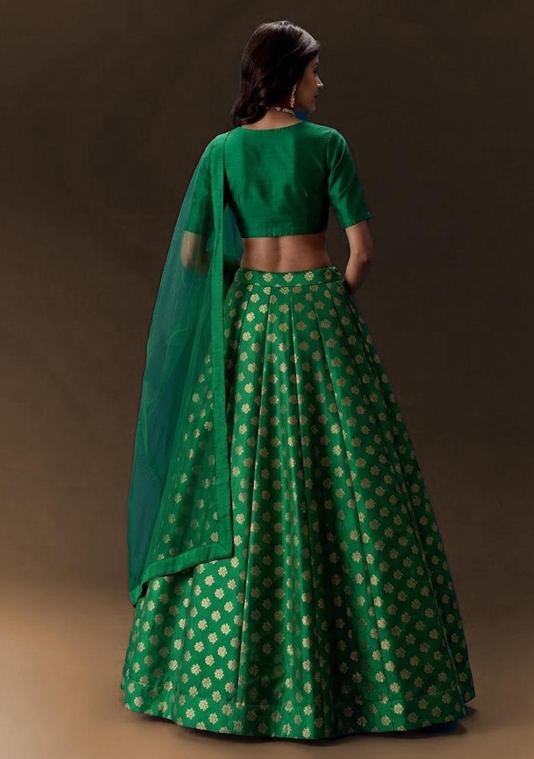 Emerald Green Brocade Lehenga Set - Indya