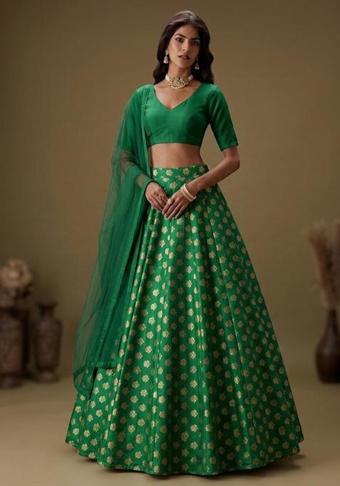 Emerald Green Brocade Lehenga Set