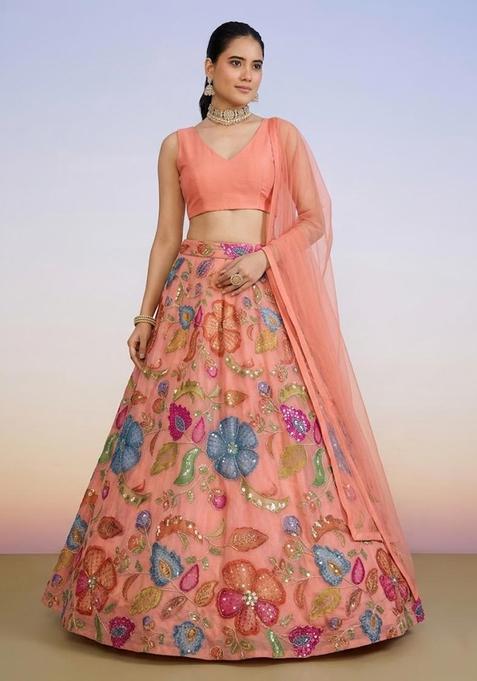 Coral Peach Printed Poly Blend Lehenga Set