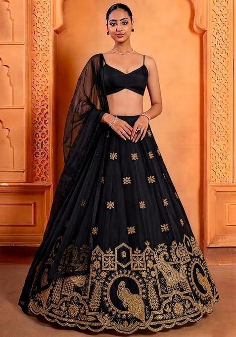 Black Embroidered Crepe Lehenga Set