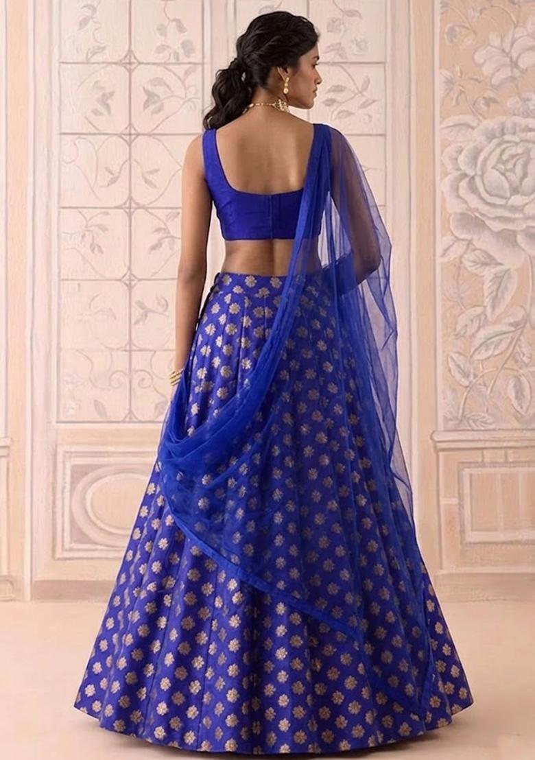 Royal Blue Brocade Lehenga Set - Indya