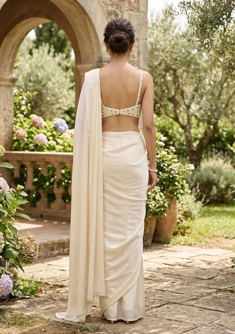 Ivory Handwork Pre Draped Saree Set - Indya