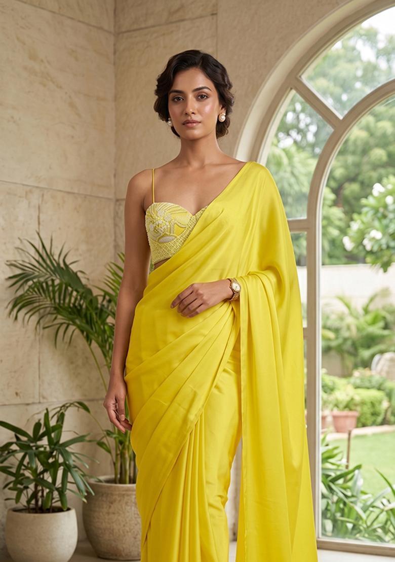 Bright Yellow Handwork Pre Draped Saree Set - Indya