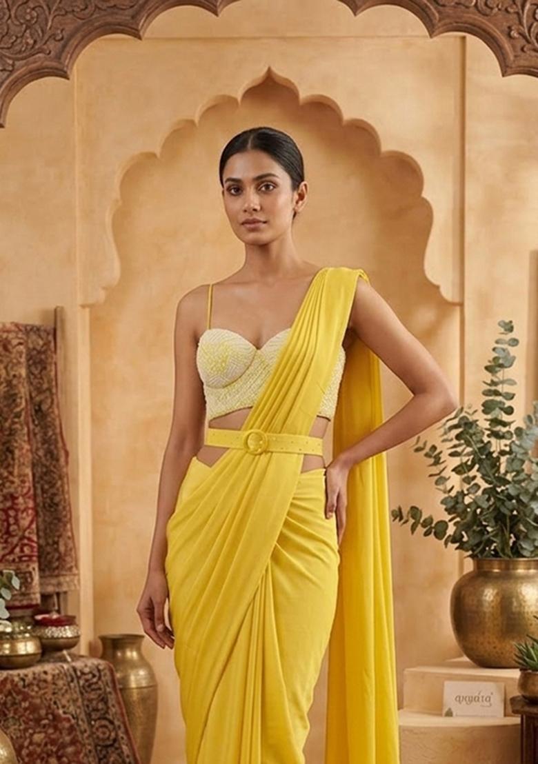 Bright Yellow Handwork Pre Draped Saree Set - Indya