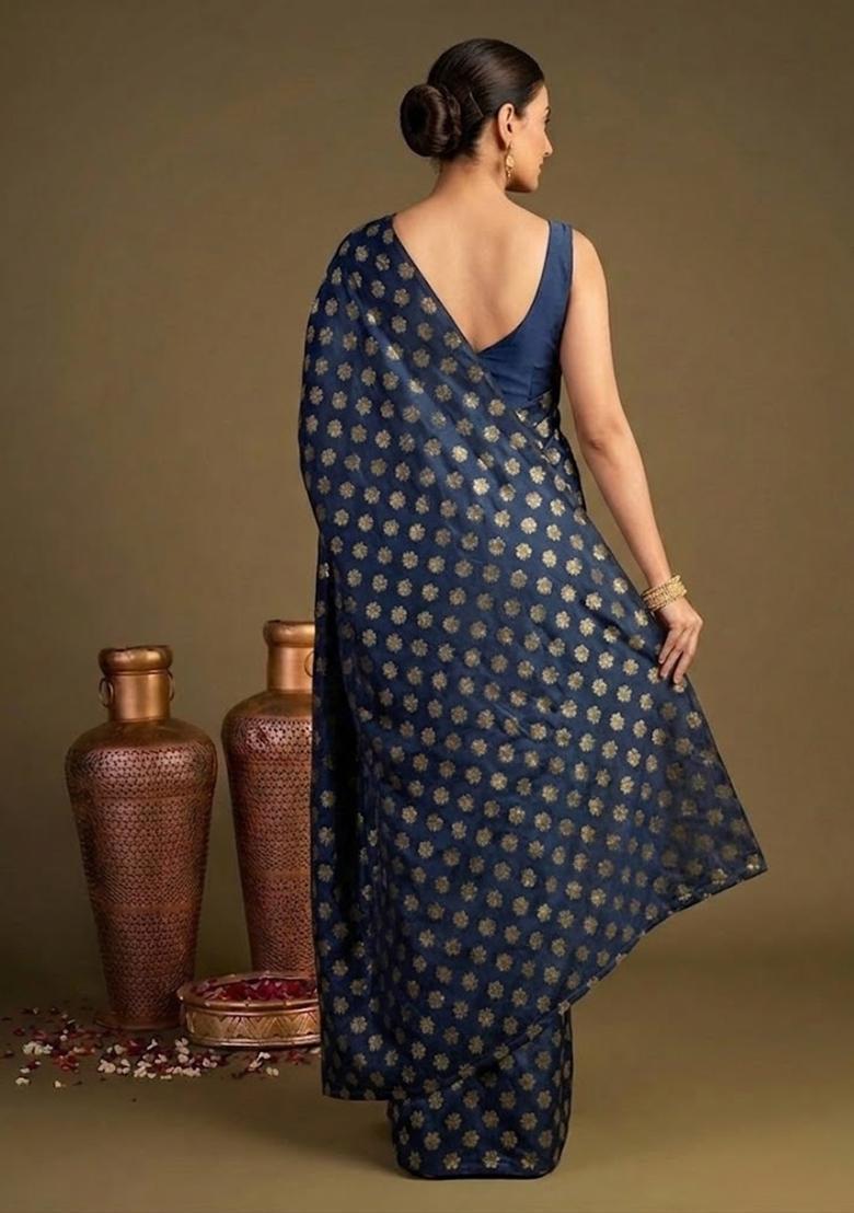 Navy Blue Brocade Pre Draped Saree Set - Indya