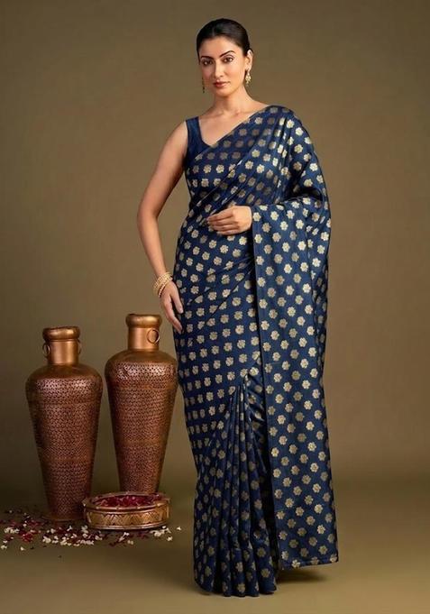 Navy Blue Brocade Pre Draped Saree Set