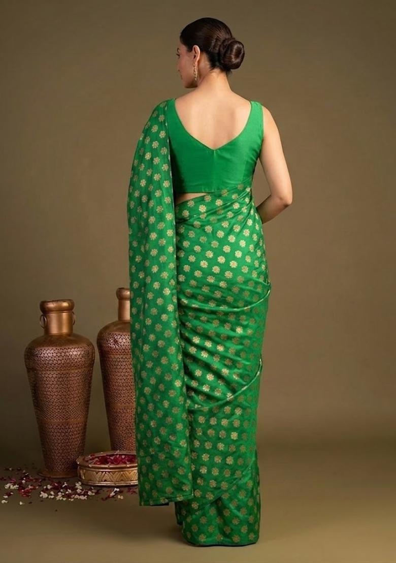 Emerald Green Brocade Pre Draped Saree Set - Indya
