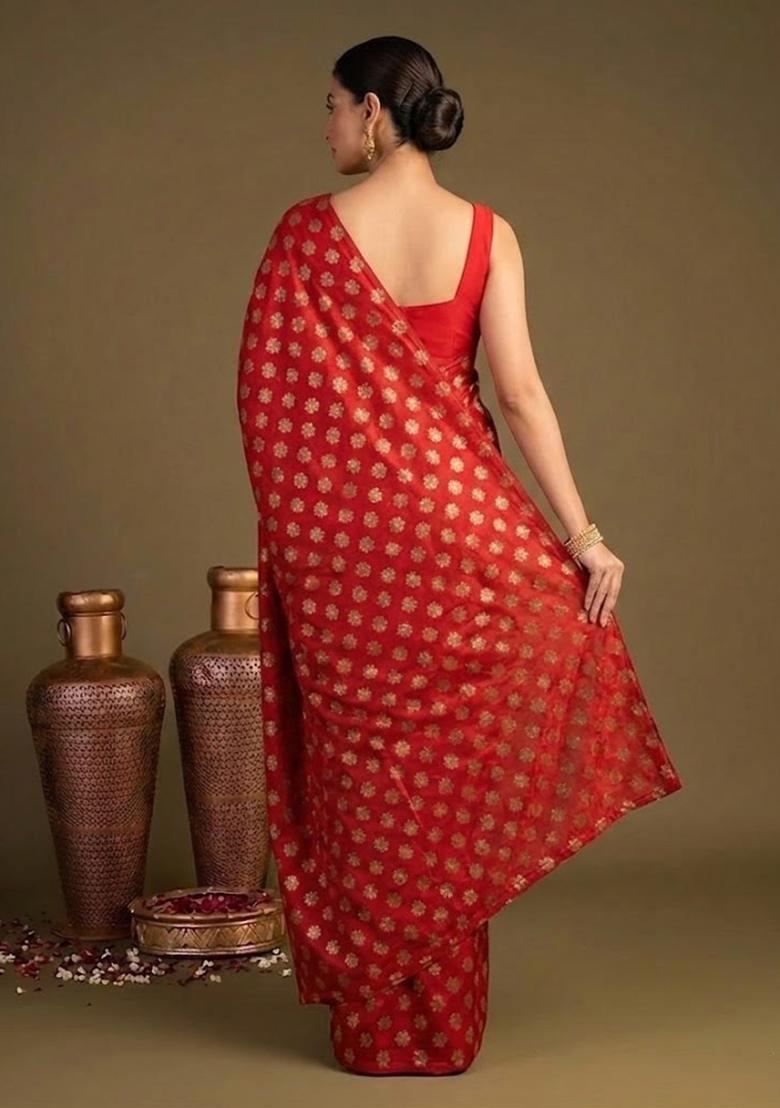 Bright Red Brocade Pre Draped Saree Set - Indya